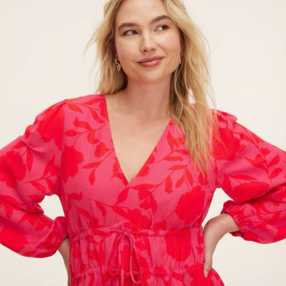 Women's Classic Rose Linen Long Sleeve Maxi Dress by Kate Spade (M) with pockets